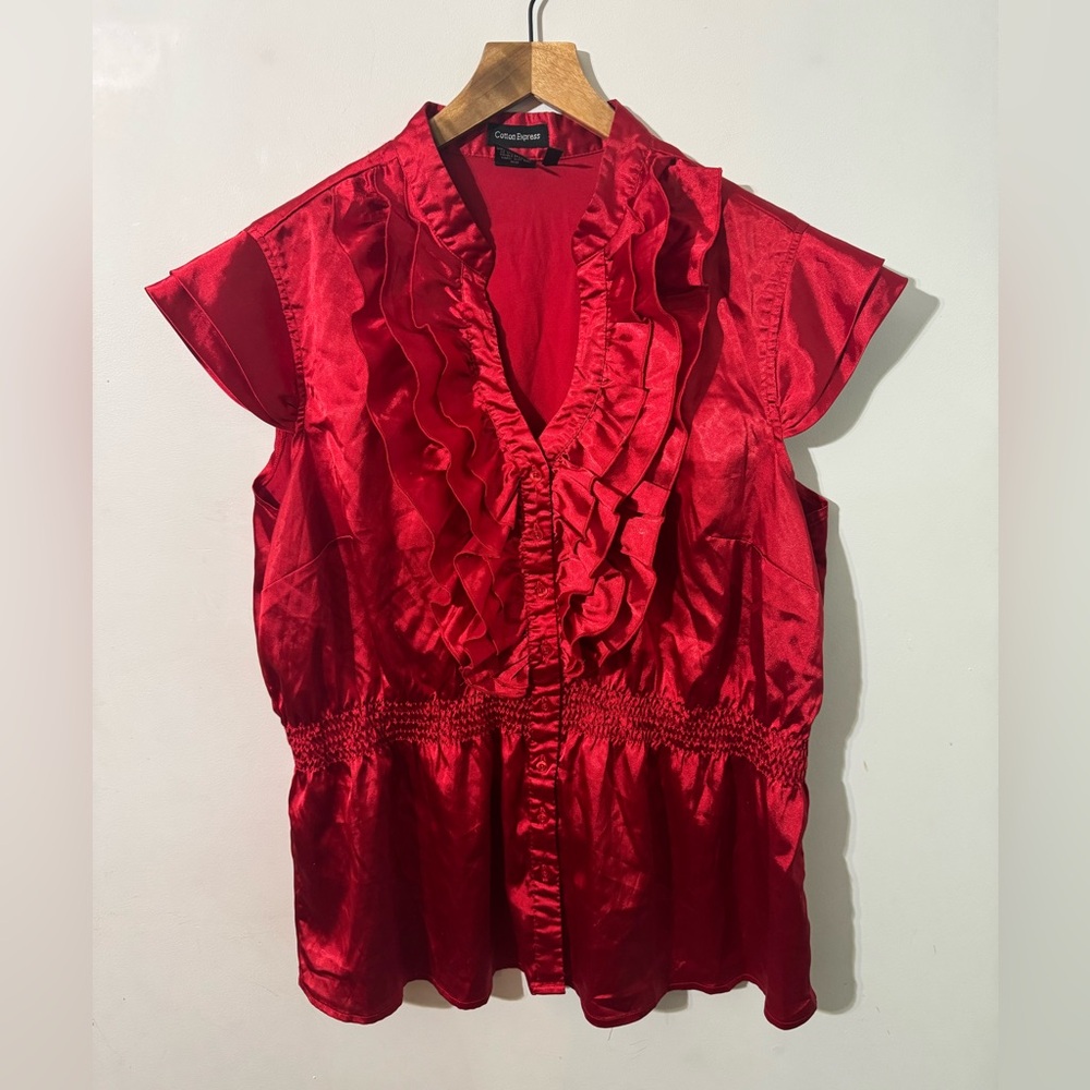 Cotton Express Vibrant Red satin Ruffled Blouse Hollister Christmas size 2X - Picture 2 of 4